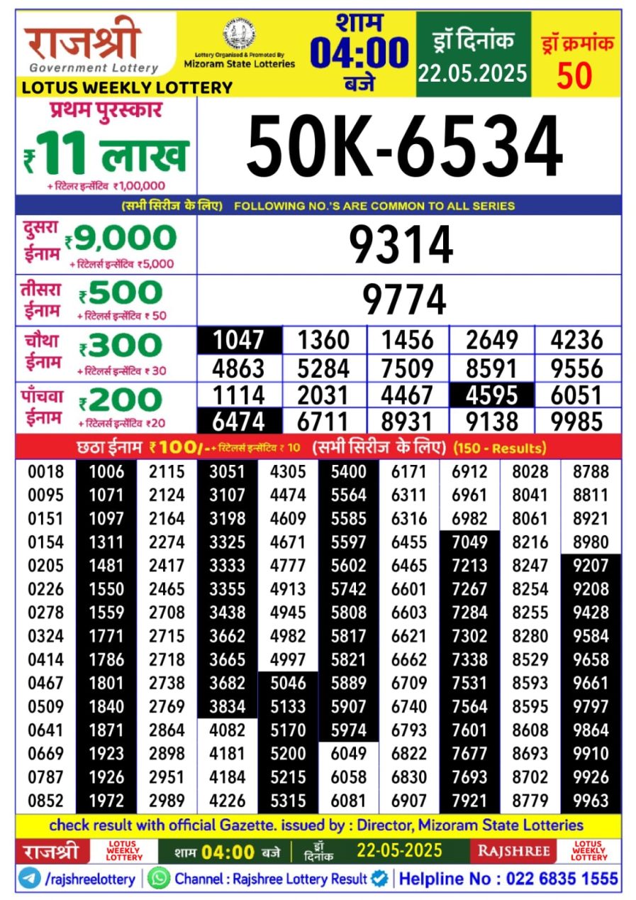राजश्री लाटरी का 4 बजे का रिज़ल्ट दिनांक 22.5.25 लाटरी सम्बाद टुडे