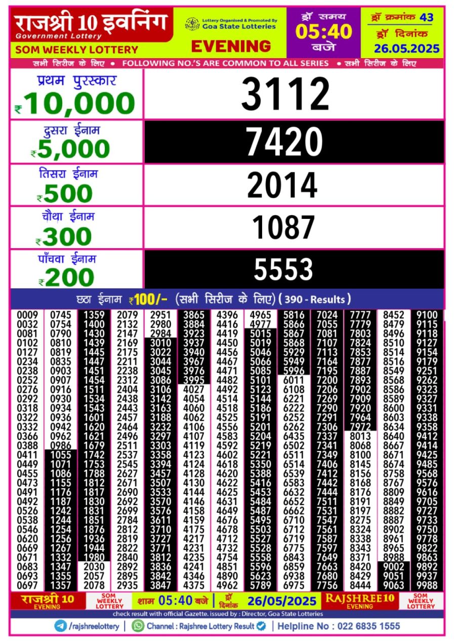 राजश्री 10 लाटरी का का शाम 5.40 बजे का रिज़ल्ट दिनांक 26.5.25 लाटरी सम्बाद टुडे