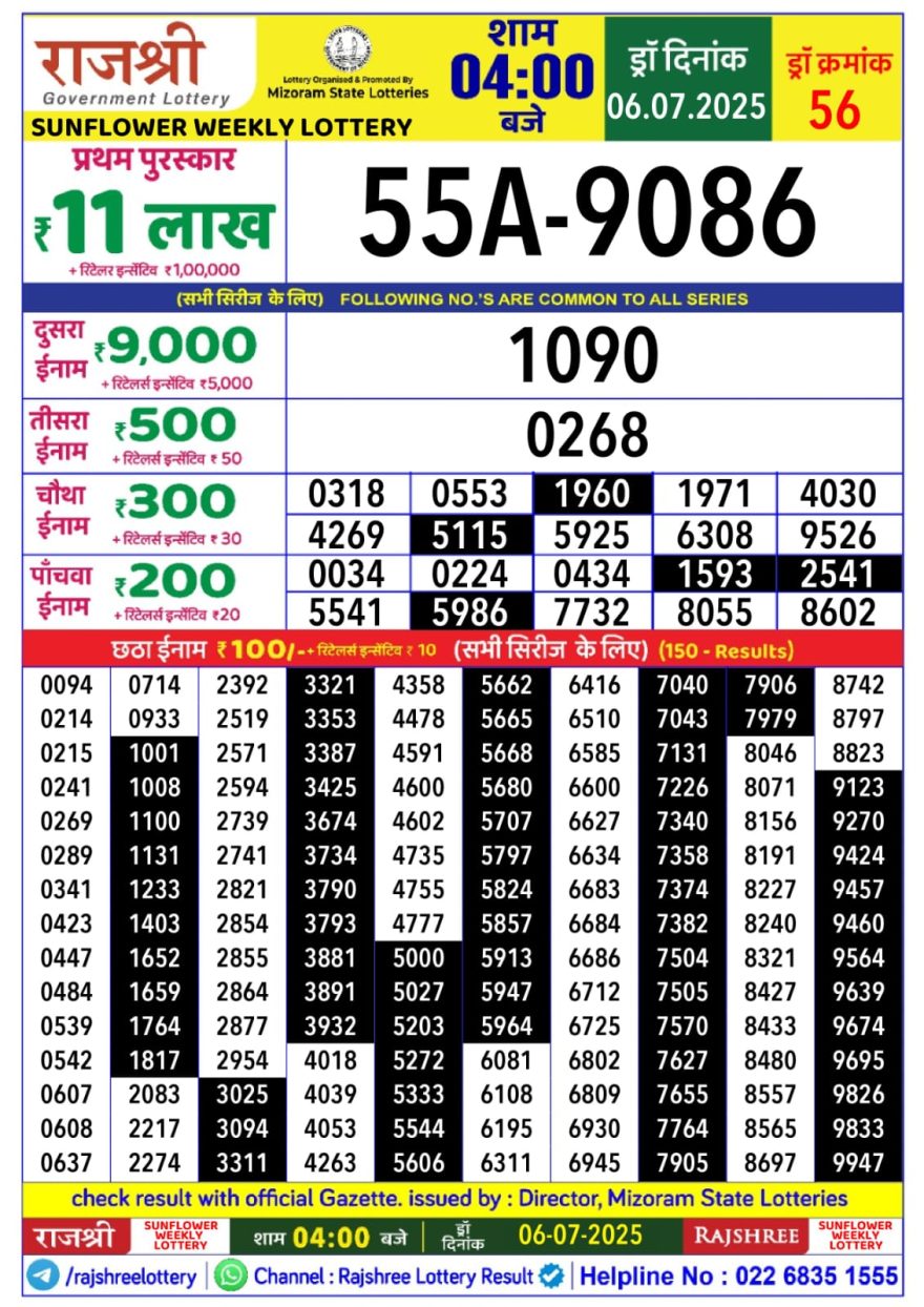 राजश्री लाटरी का 4 बजे का रिज़ल्ट दिनांक 06.7.25 लाटरी सम्बाद टुडे