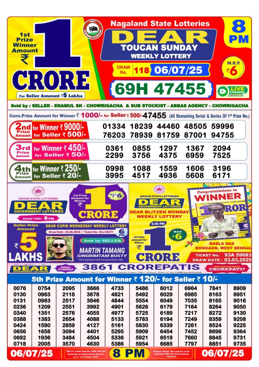 डिअर लाटरी का रात 8 बजे का रिज़ल्ट दिनांक 06.7.25 लाटरी सम्बाद टुडे