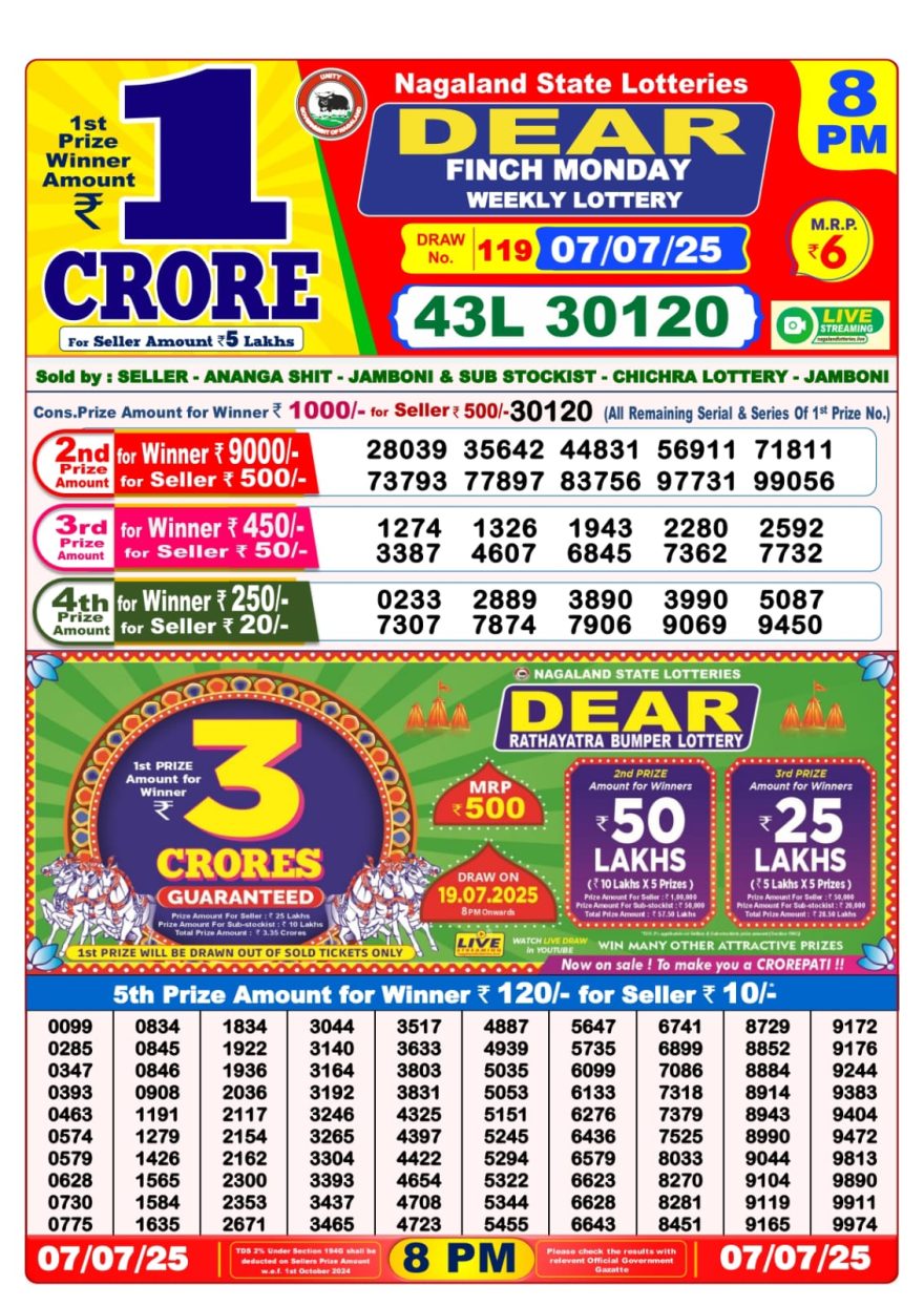 डिअर लाटरी का रात 8 बजे का रिज़ल्ट दिनांक 07.7.25 लाटरी सम्बाद टुडे