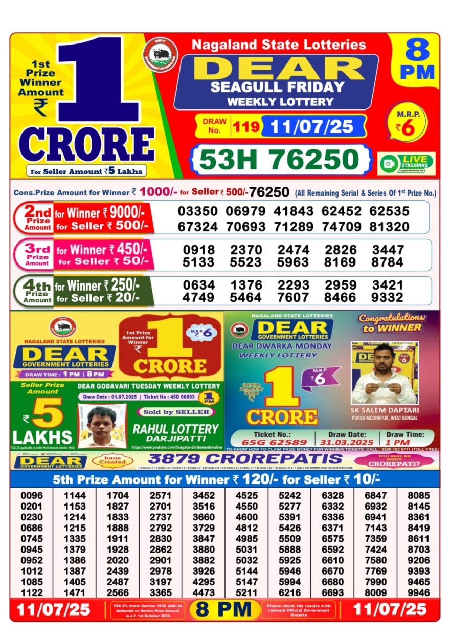डिअर लाटरी का रात 8 बजे का रिज़ल्ट दिनांक 11.7.25 लाटरी सम्बाद टुडे