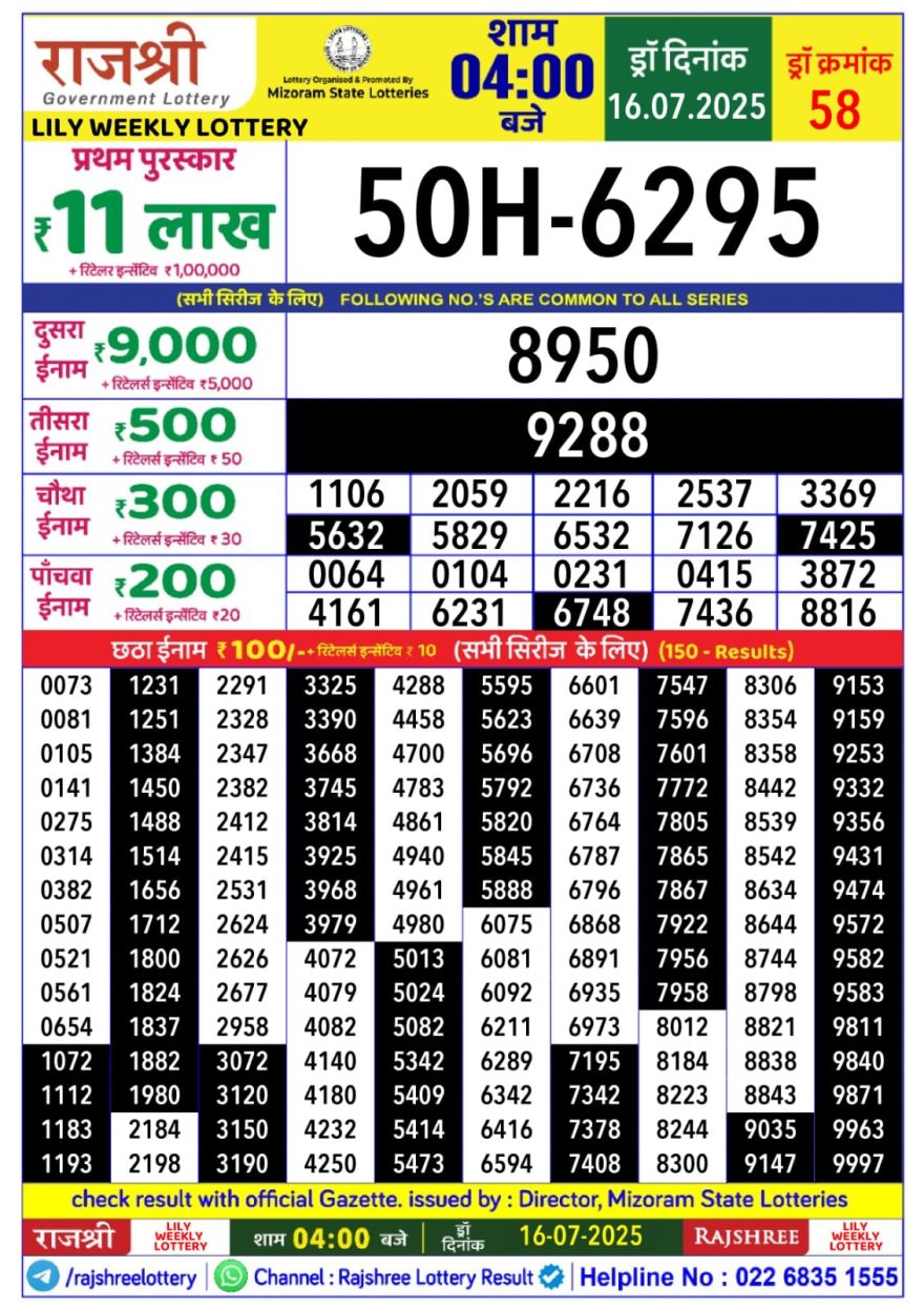 राजश्री लाटरी का 4 बजे का रिज़ल्ट दिनांक 16.7.25 लाटरी सम्बाद टुडे