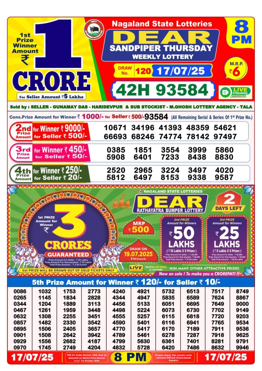 डिअर लाटरी का रात 8 बजे का रिज़ल्ट दिनांक 17.7.25 लाटरी सम्बाद टुडे