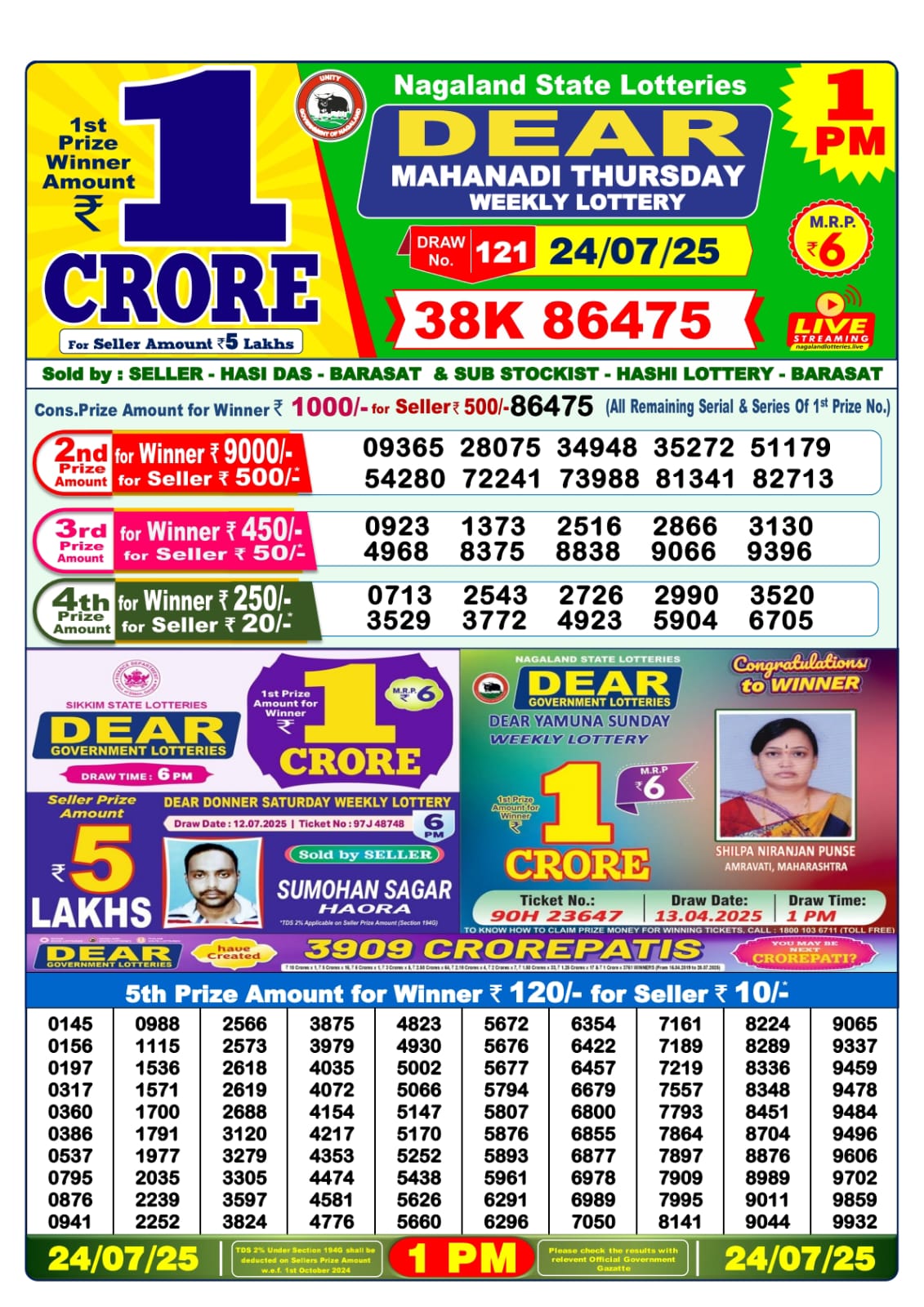 डिअर लाटरी का 1 बजे का रिज़ल्ट दिनांक 24.7.25 लाटरी सम्बाद टुडे