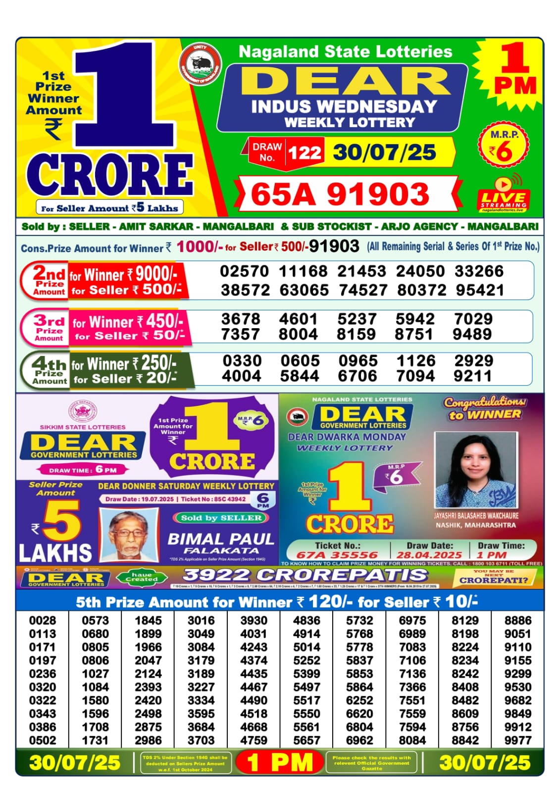 डिअर लाटरी का 1 बजे का रिज़ल्ट दिनांक 30.7.25 लाटरी सम्बाद टुडे