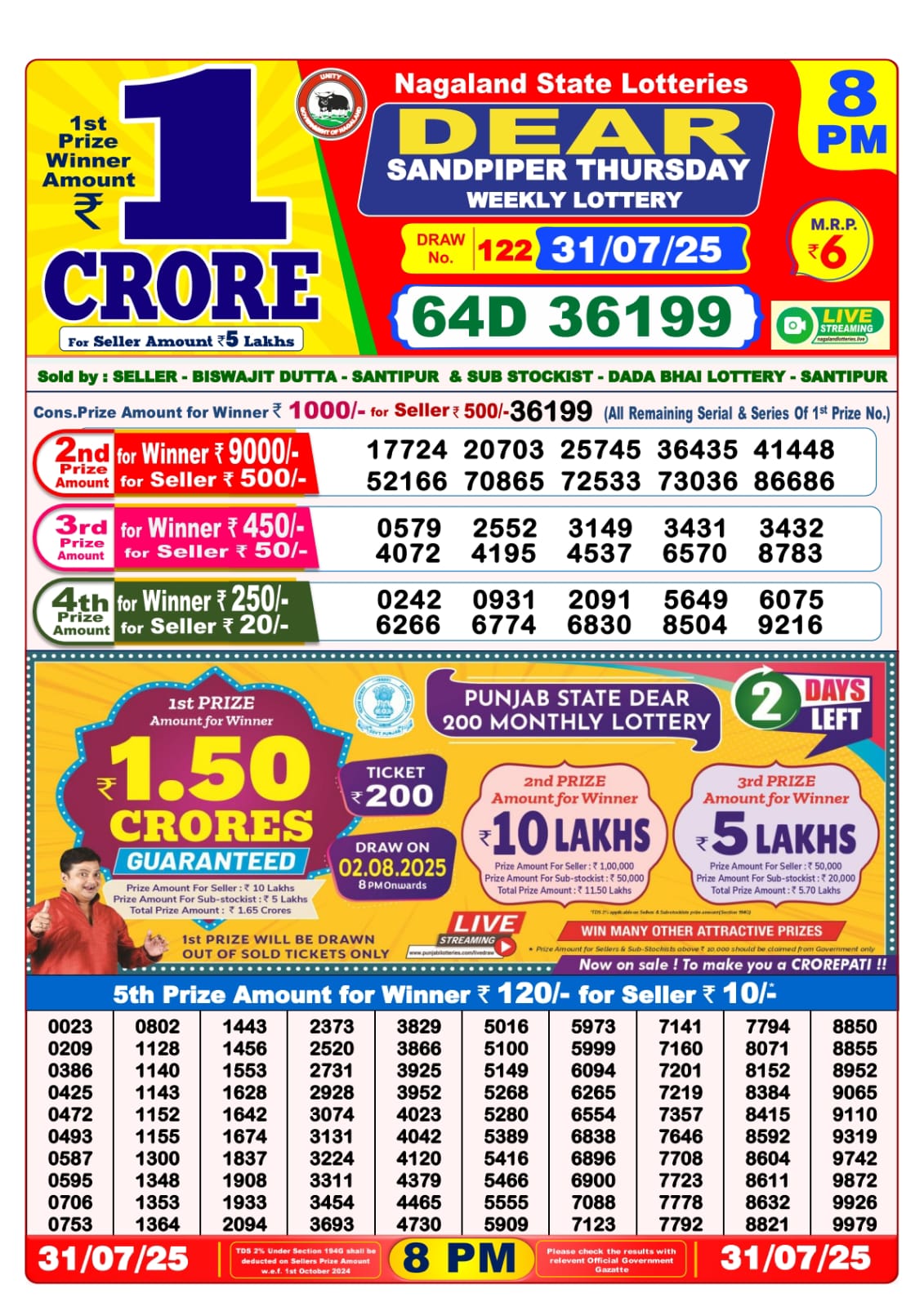 डिअर लाटरी का रात 8 बजे का रिज़ल्ट दिनांक 31.7.25 लाटरी सम्बाद टुडे
