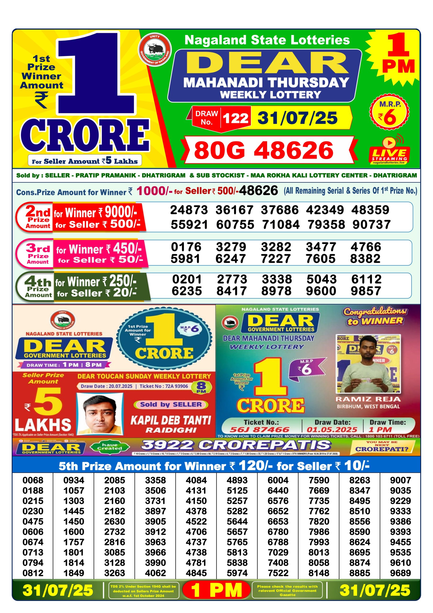 डिअर लाटरी का 1 बजे का रिज़ल्ट दिनांक 31.7.25 लाटरी सम्बाद टुडे