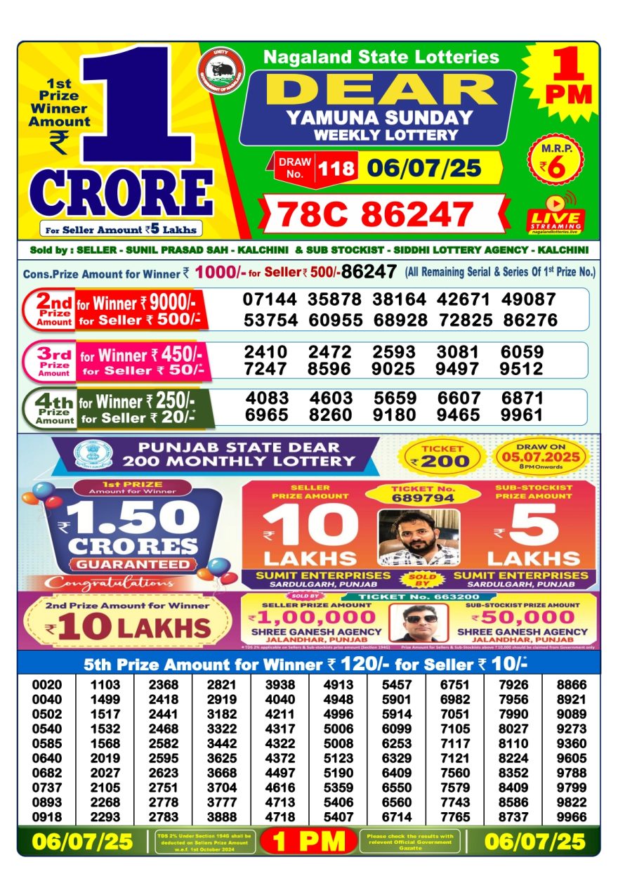 डिअर लाटरी का 1 बजे का रिज़ल्ट दिनांक 06.7.25 लाटरी सम्बाद टुडे