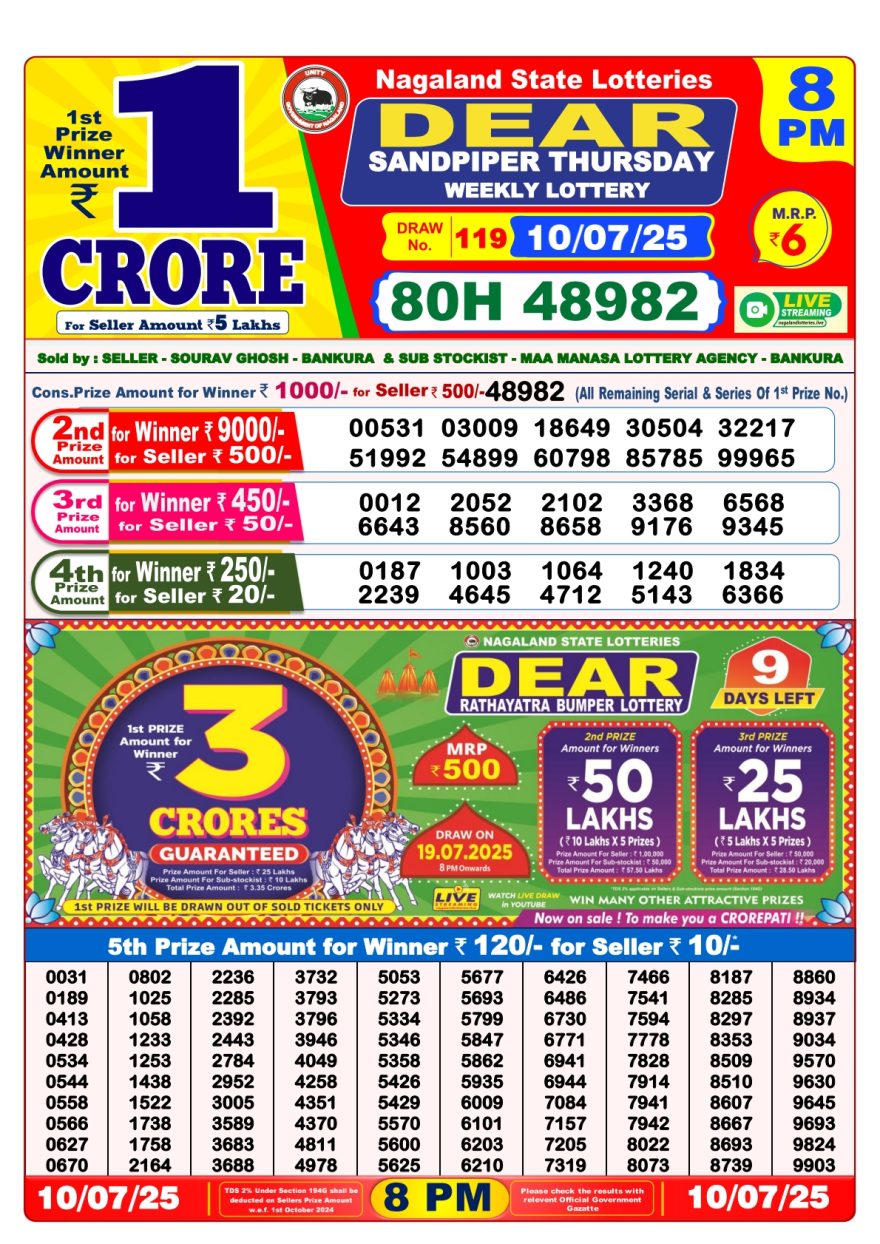 डिअर लाटरी का रात 8 बजे का रिज़ल्ट दिनांक 10.7.25 लाटरी सम्बाद टुडे