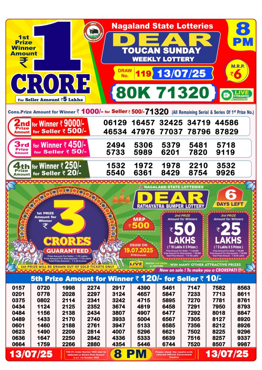 डिअर लाटरी का रात 8 बजे का रिज़ल्ट दिनांक 13.7.25 लाटरी सम्बाद टुडे