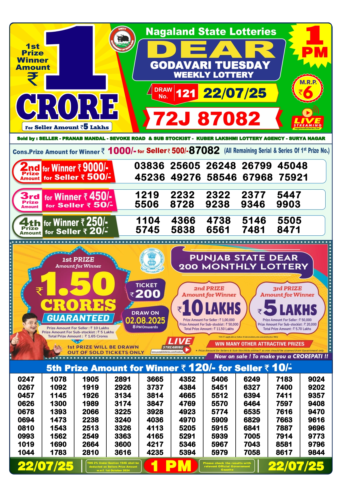 डिअर लाटरी का 1 बजे का रिज़ल्ट दिनांक 22.7.25 लाटरी सम्बाद टुडे