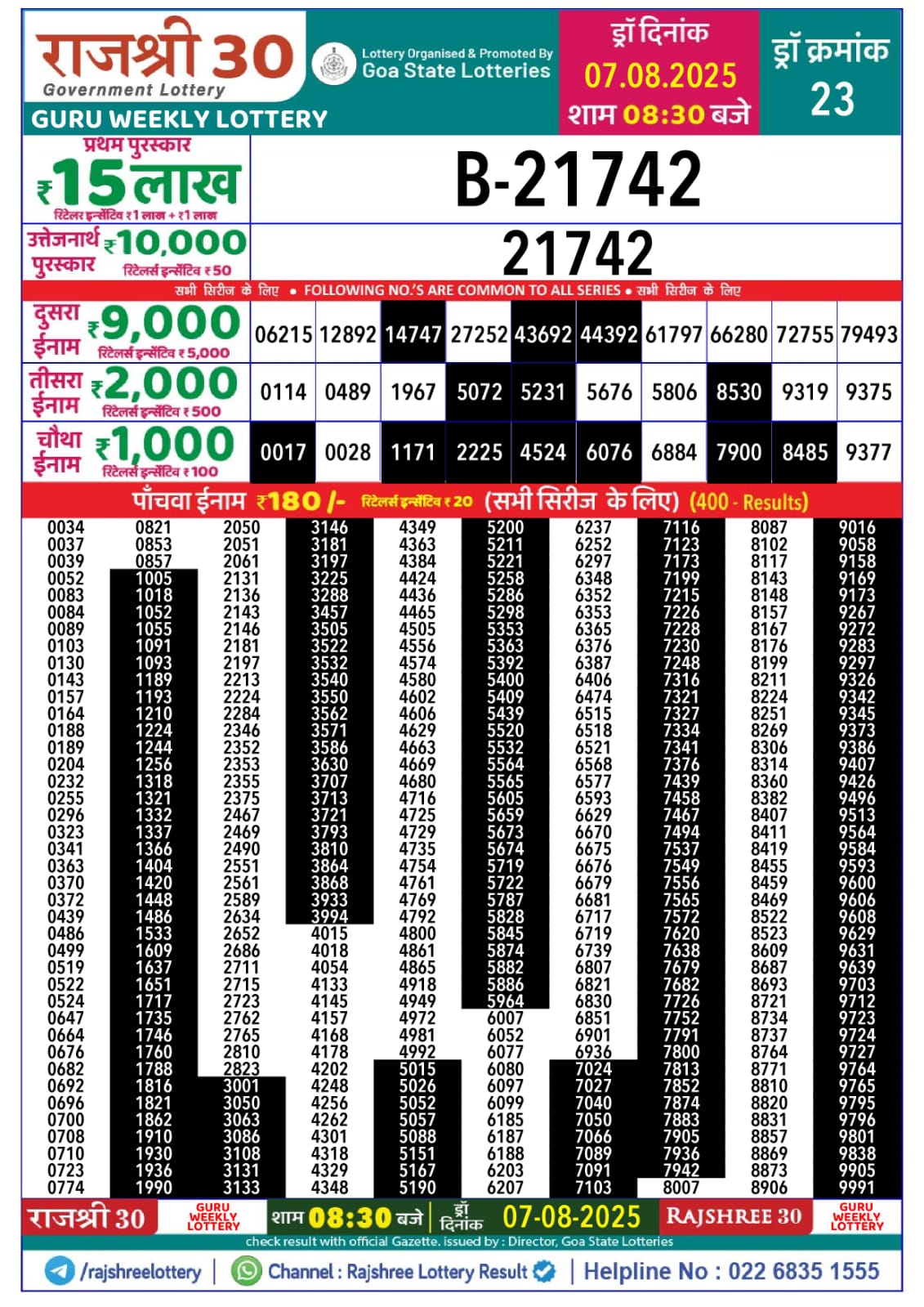 राजश्री 30 लाटरी का रात 8:30 बजे का रिज़ल्ट दिनांक 7.8.25 लाटरी सम्बाद टुडे