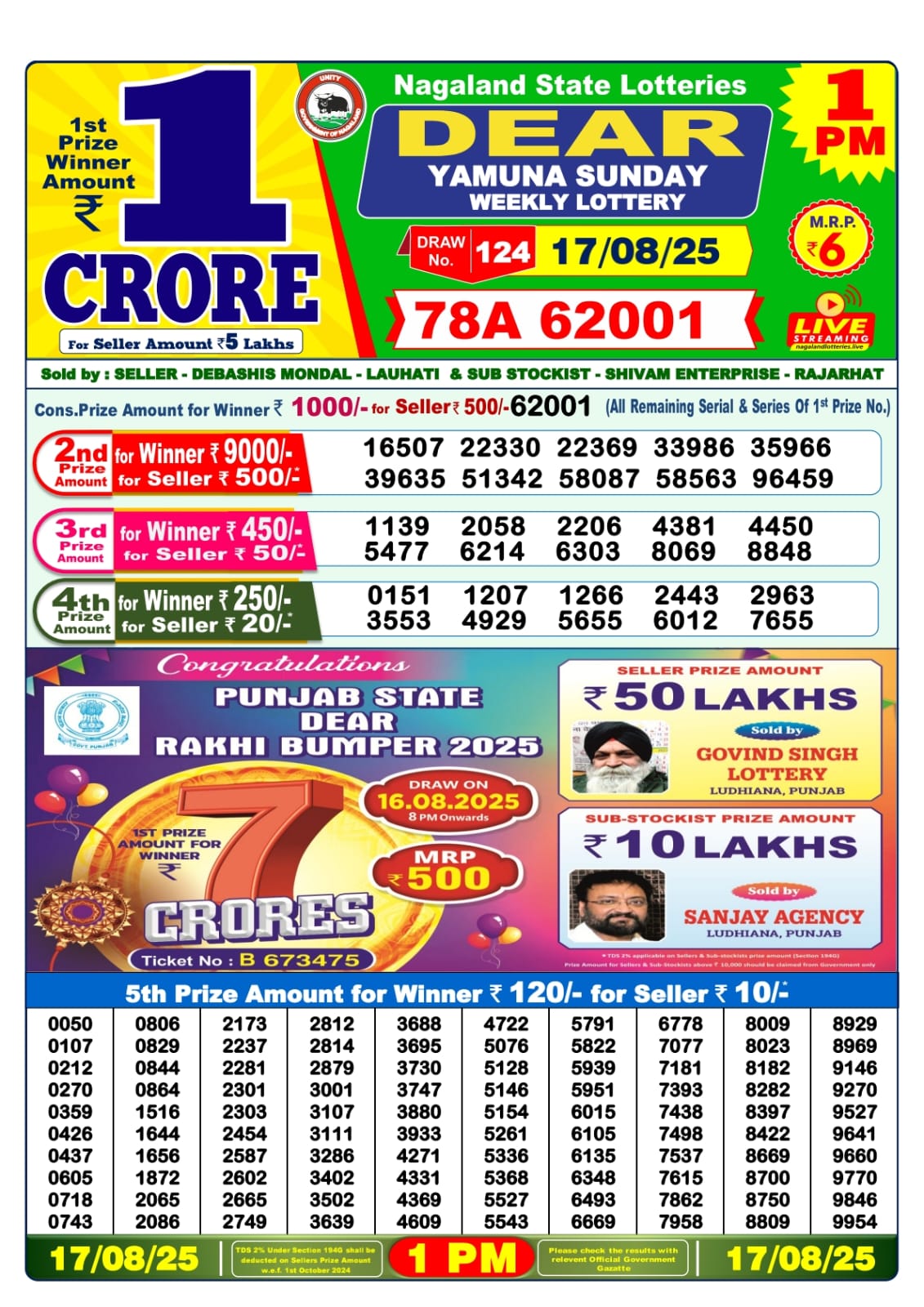 डिअर लाटरी का 1 बजे का रिज़ल्ट दिनांक 17.8.25 लाटरी सम्बाद टुडे