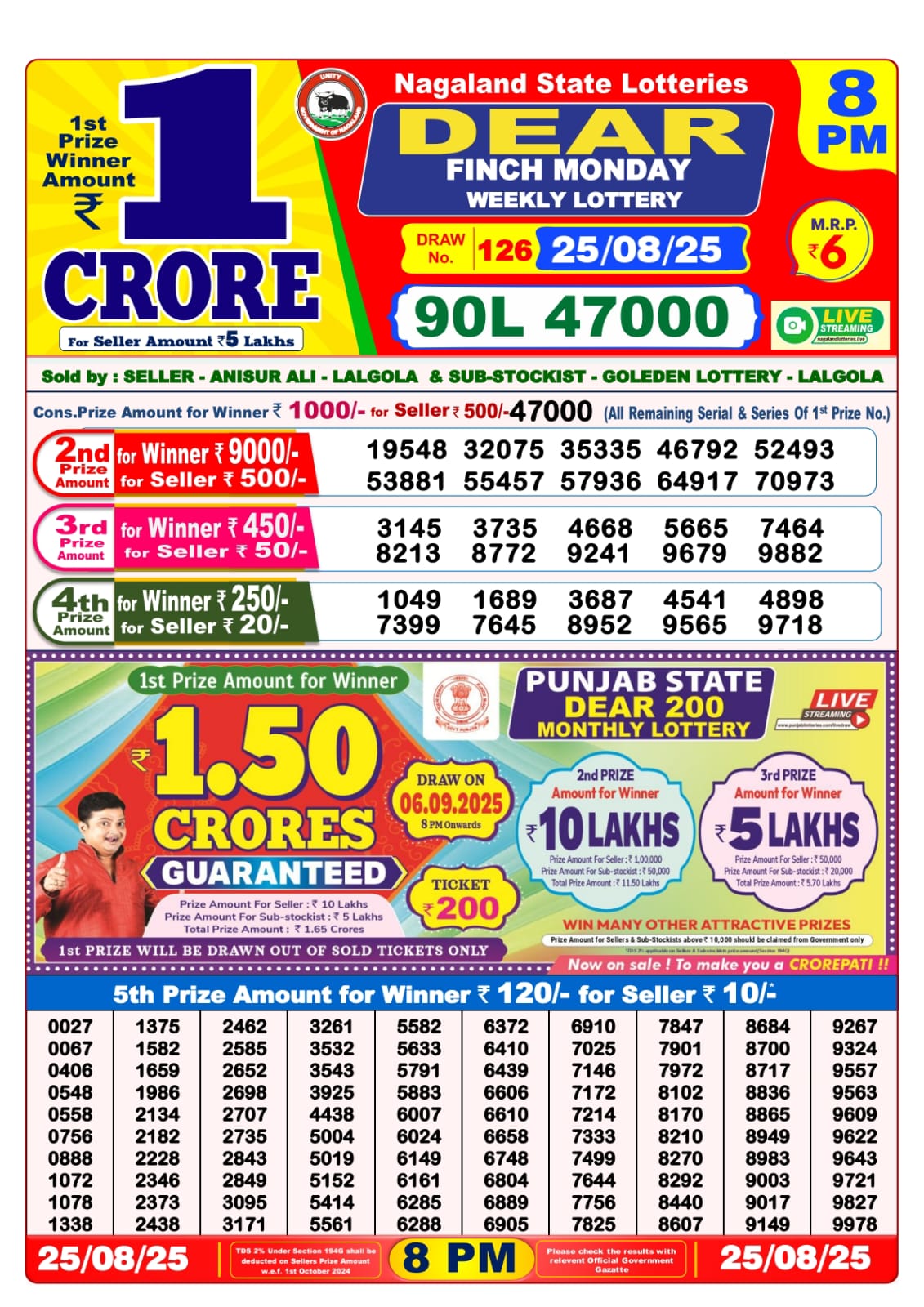 डिअर लाटरी का रात 8 बजे का रिज़ल्ट दिनांक 25.8.25 लाटरी सम्बाद टुडे