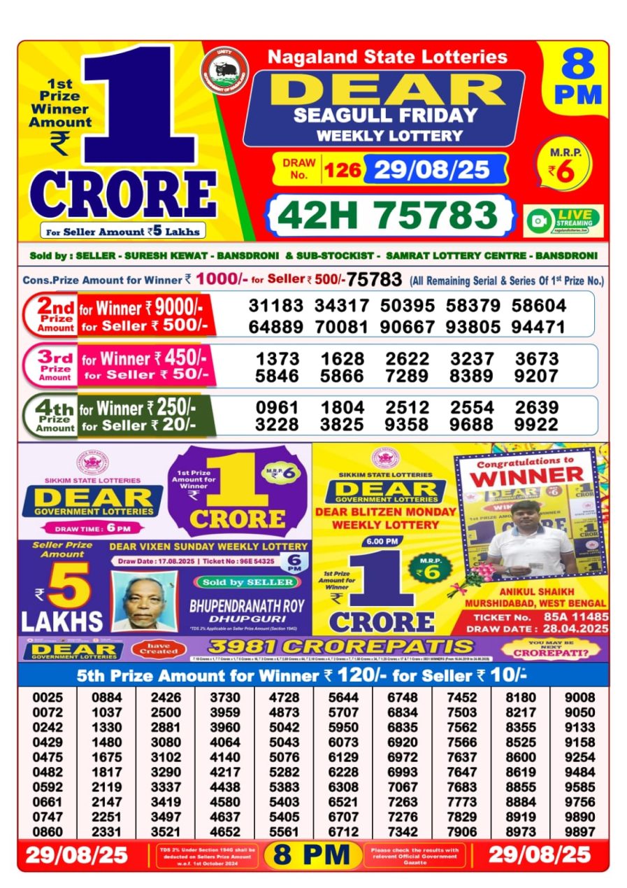 डिअर लाटरी का रात 8 बजे का रिज़ल्ट दिनांक 29.8.25 लाटरी सम्बाद टुडे