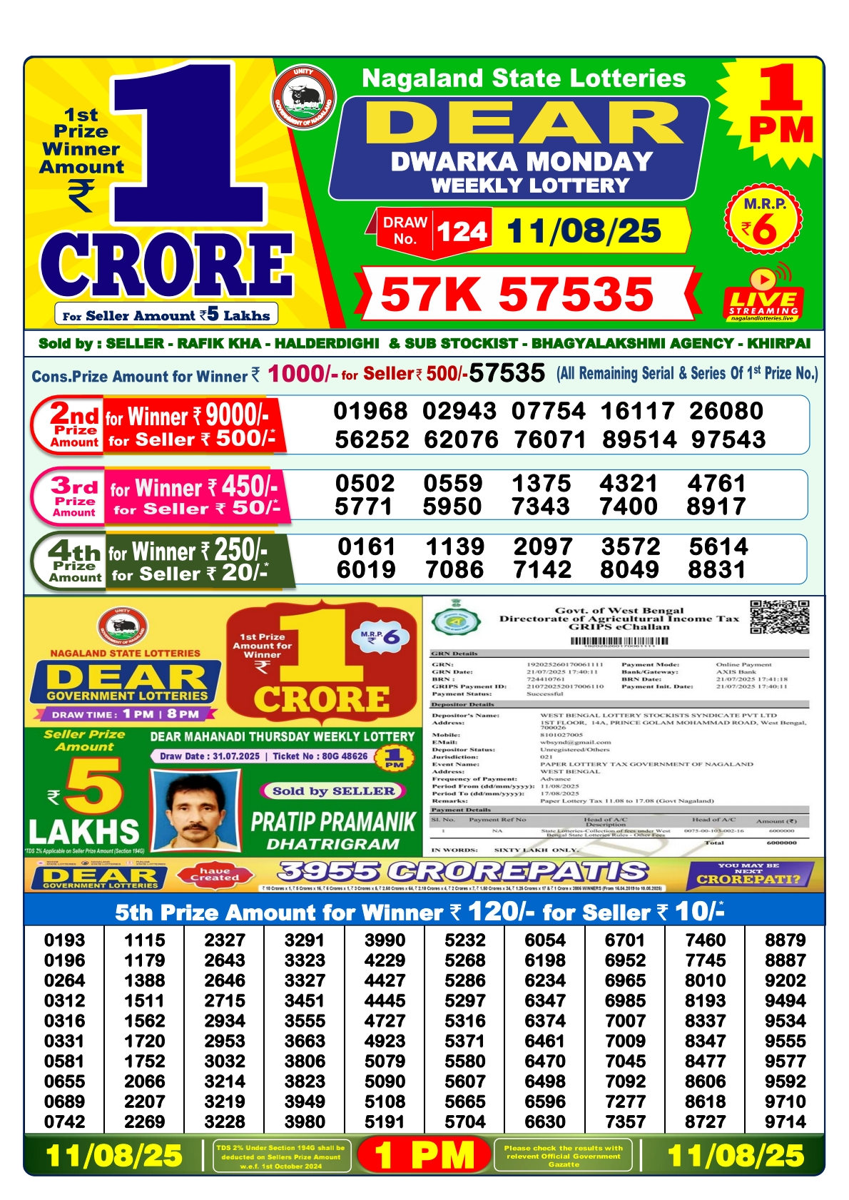 डिअर लाटरी का 1 बजे का रिज़ल्ट दिनांक 11.8.25 लाटरी सम्बाद टुडे