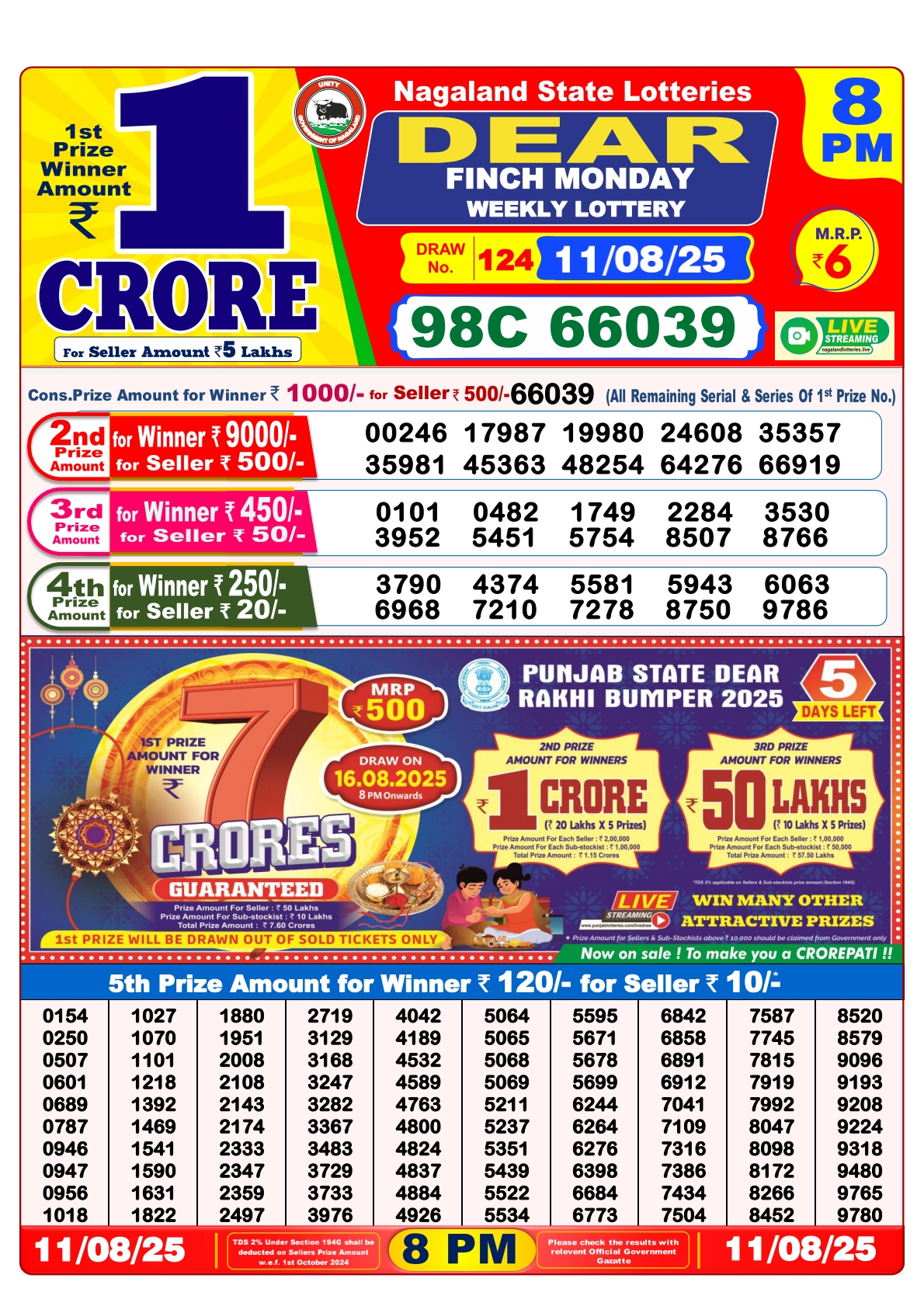 डिअर लाटरी का रात 8 बजे का रिज़ल्ट दिनांक 11.8.25 लाटरी सम्बाद टुडे