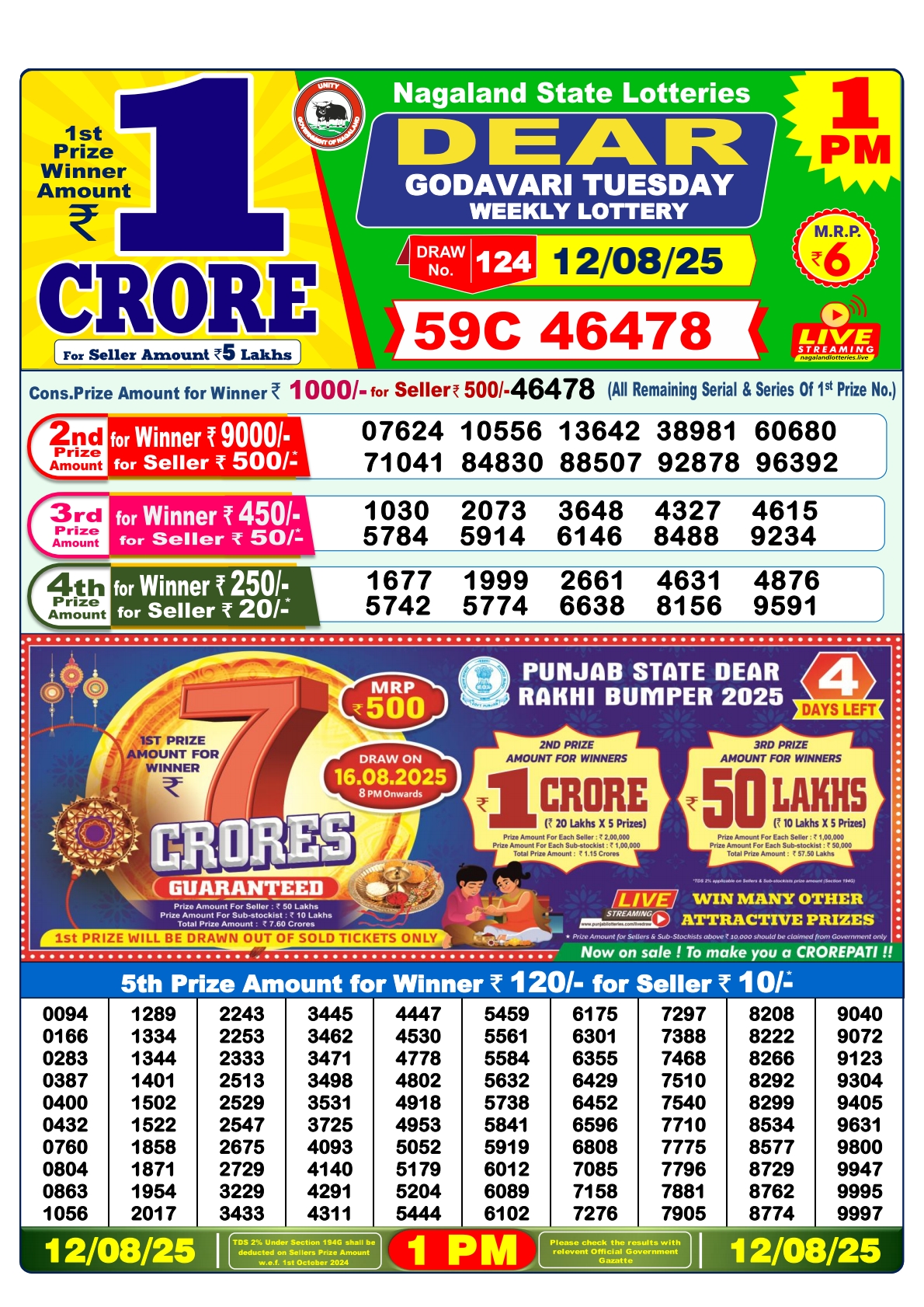 डिअर लाटरी का 1 बजे का रिज़ल्ट दिनांक 12.8.25 लाटरी सम्बाद टुडे
