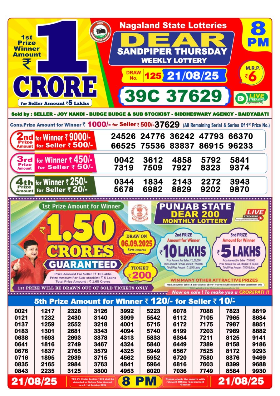 डिअर लाटरी का रात 8 बजे का रिज़ल्ट दिनांक 21.8.25 लाटरी सम्बाद टुडे