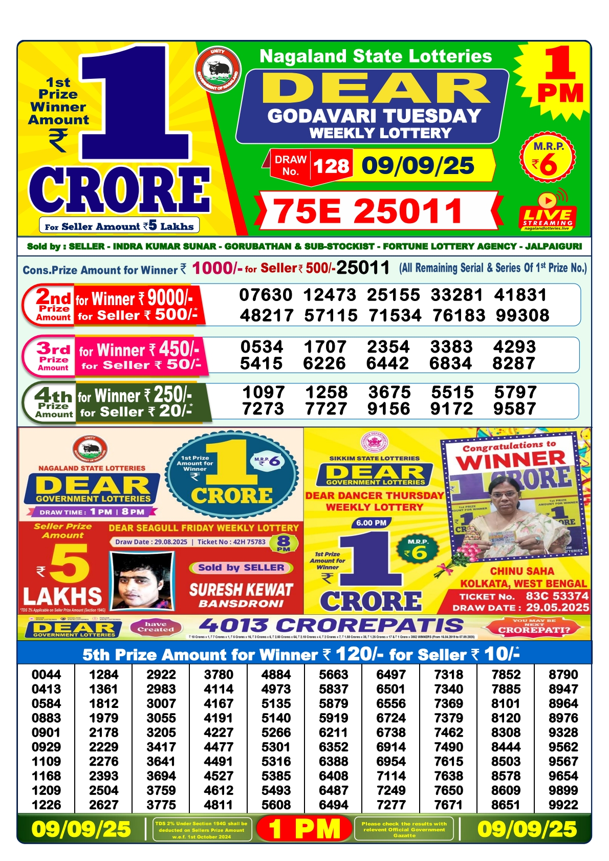 डिअर लाटरी का 1 बजे का रिज़ल्ट दिनांक 09.9.25 लाटरी सम्बाद टुडे