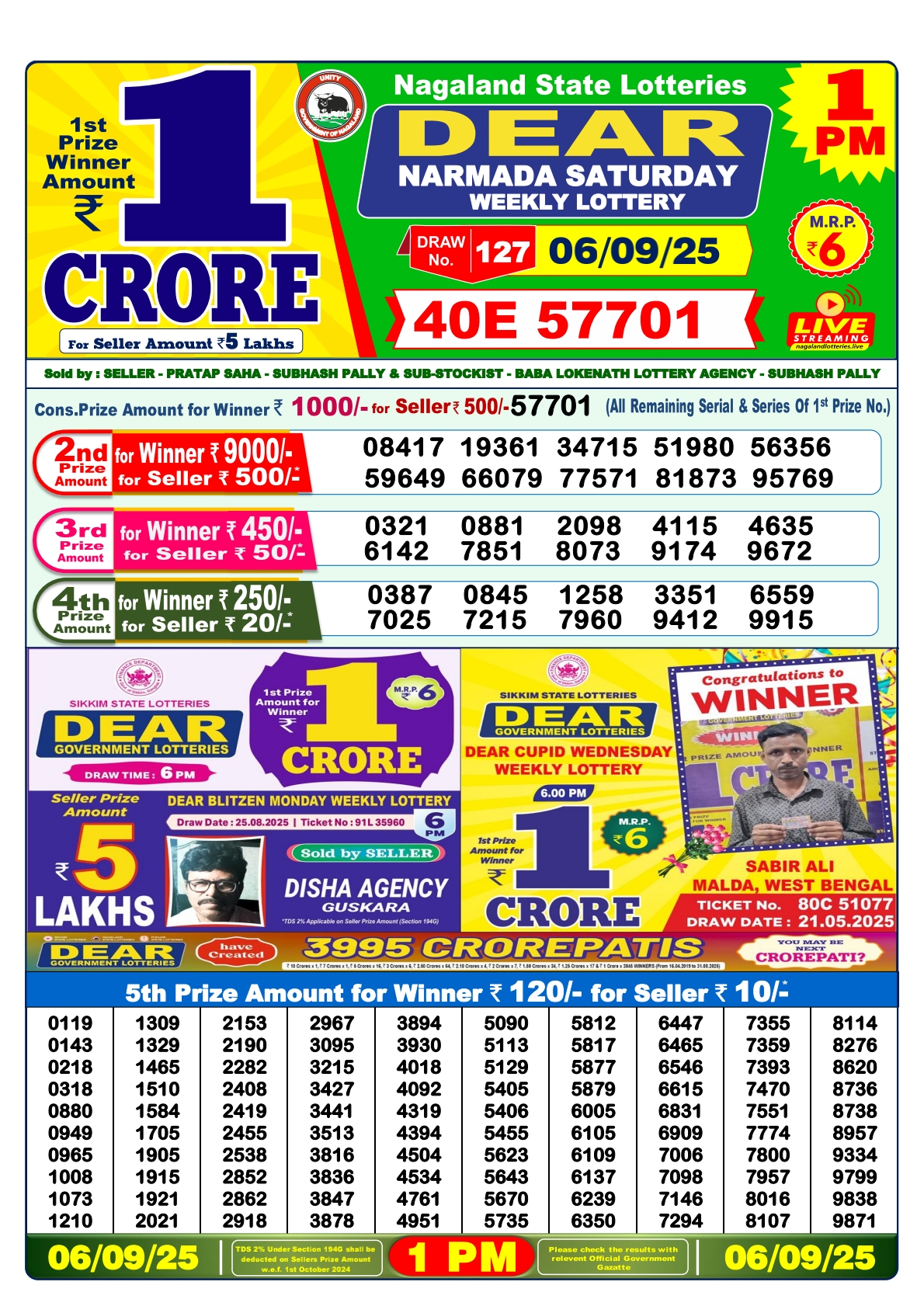 डिअर लाटरी का 1 बजे का रिज़ल्ट दिनांक 06.9.25 लाटरी सम्बाद टुडे