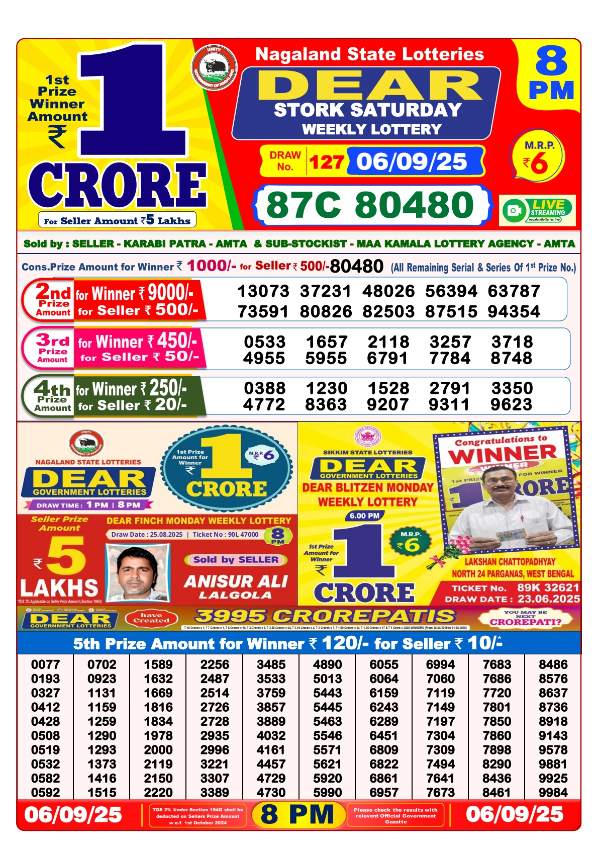 डिअर लाटरी का रात 8 बजे का रिज़ल्ट दिनांक 06.9.25 लाटरी सम्बाद टुडे