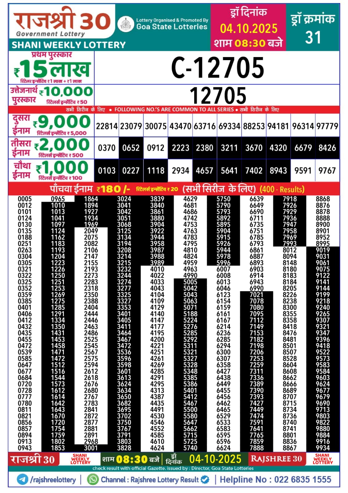 राजश्री 30 लाटरी का रात 8:30 बजे का रिज़ल्ट दिनांक 04.10.25 लाटरी सम्बाद टुडे