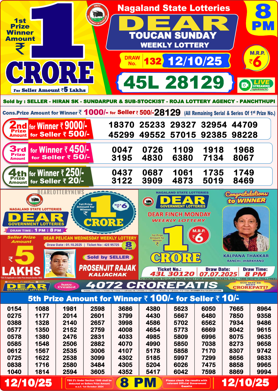 डिअर लाटरी का रात 8 बजे का रिज़ल्ट दिनांक 12.10.25 लाटरी सम्बाद टुडे