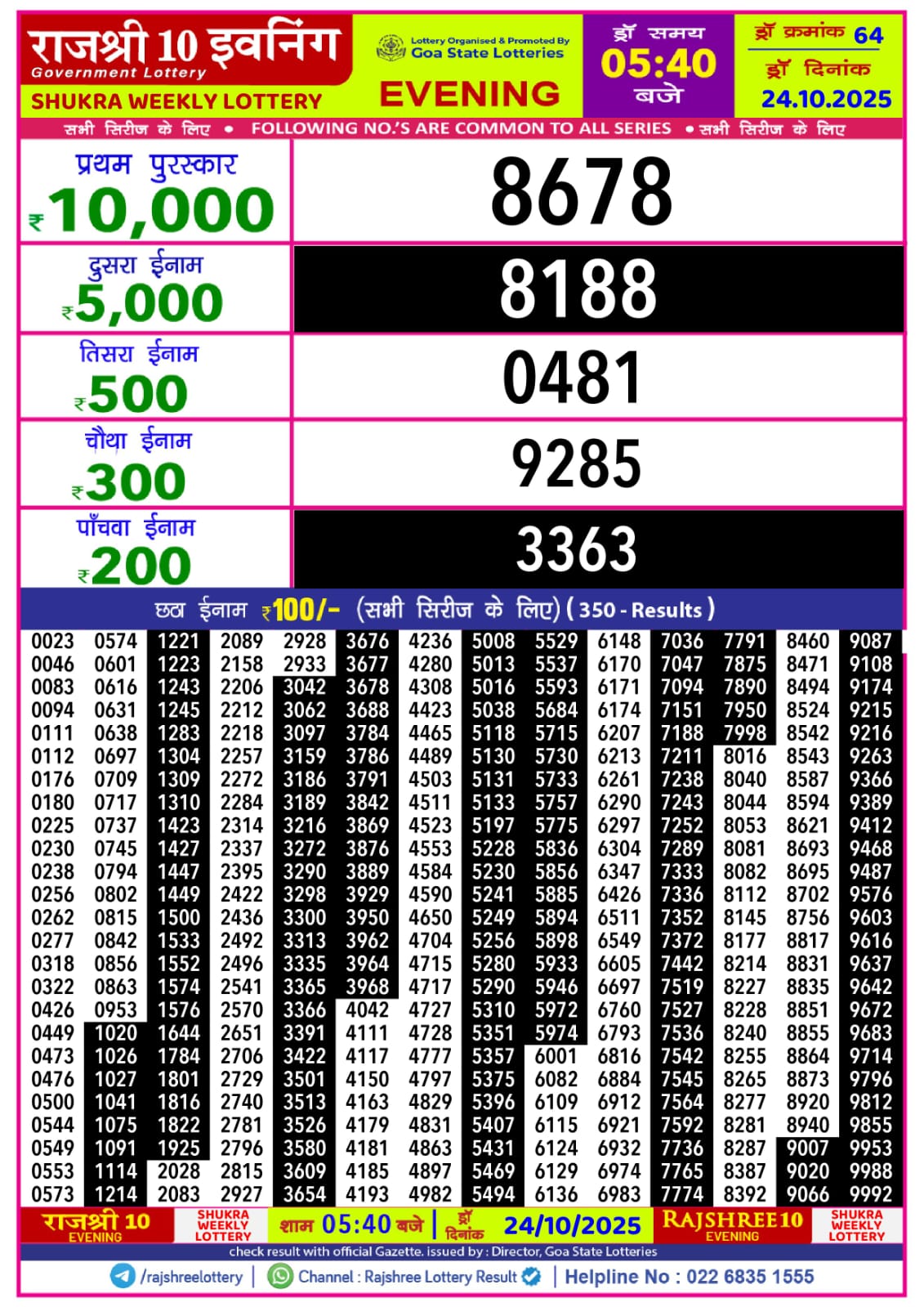 राजश्री 10 लाटरी का का शाम 5.40 बजे का रिज़ल्ट दिनांक 24.10.25 लाटरी सम्बाद टुडे
