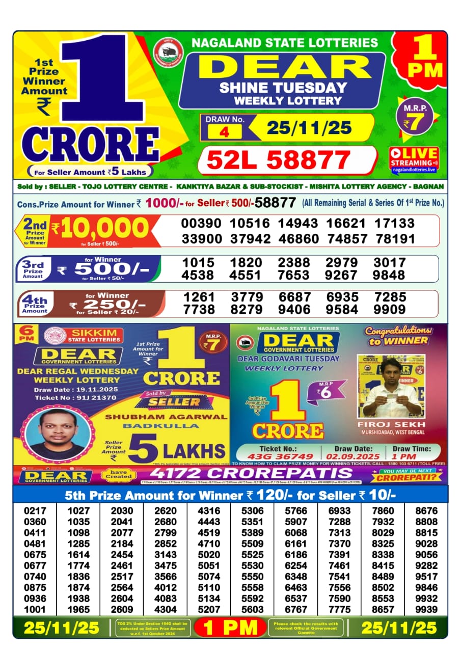 डिअर लाटरी का 1 बजे का रिज़ल्ट दिनांक 25.11.25 लाटरी सम्बाद टुडे