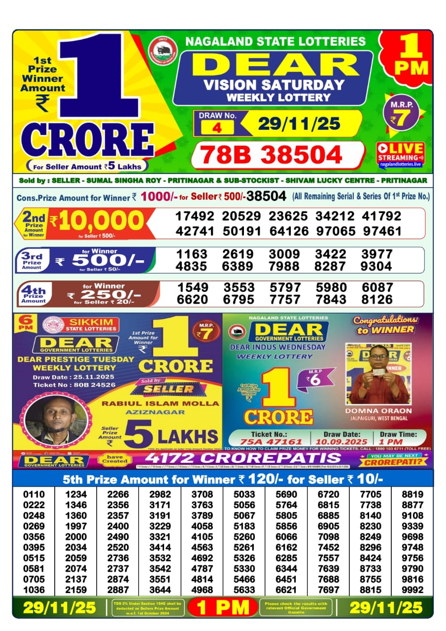 डिअर लाटरी का 1 बजे का रिज़ल्ट दिनांक 29.11.25 लाटरी सम्बाद टुडे