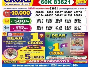 डिअर लाटरी का रात 8 बजे का रिज़ल्ट दिनांक 01.12.25 लाटरी सम्बाद टुडे