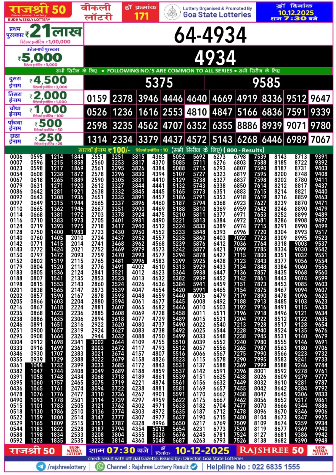 राजश्री 50 लाटरी का रात 7:30 बजे का रिज़ल्ट दिनांक 10.12.25 लाटरी सम्बाद टुडे